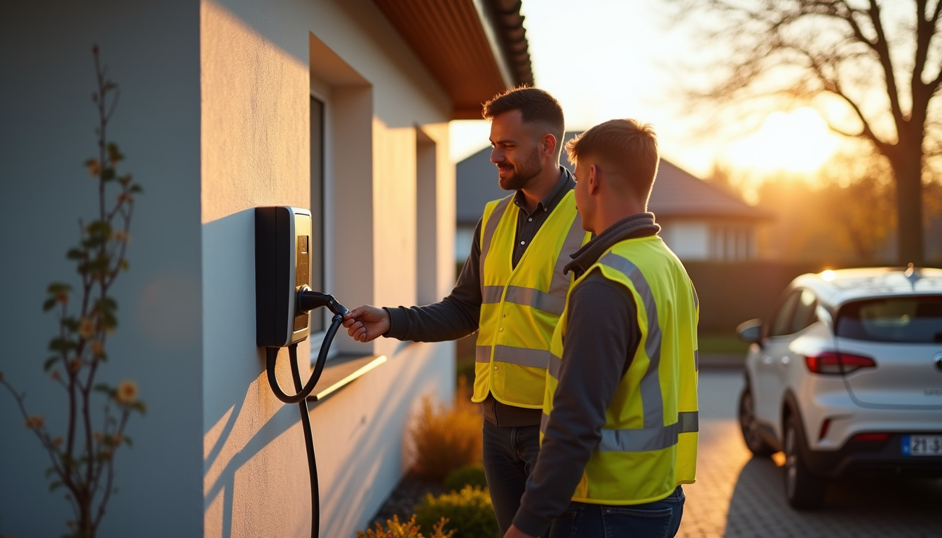 Électricien certifié IRVE en train de discuter avec un particulier devant une borne de recharge à Bergheim
