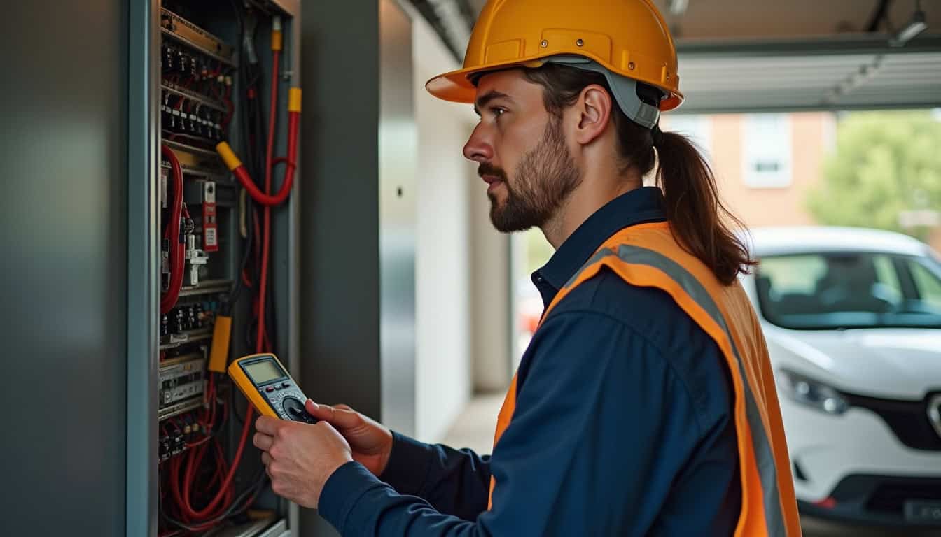 Électricien certifié IRVE en train de réaliser un diagnostic électrique avant installation d'une borne de recharge