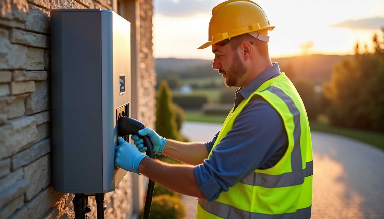 Électricien certifié IRVE en train de tester une borne de recharge à Coulans-sur-Gée