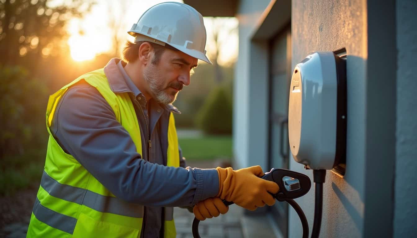 Électricien certifié IRVE en train de vérifier la conformité d'une installation électrique à Saint-Didier-de-Formans