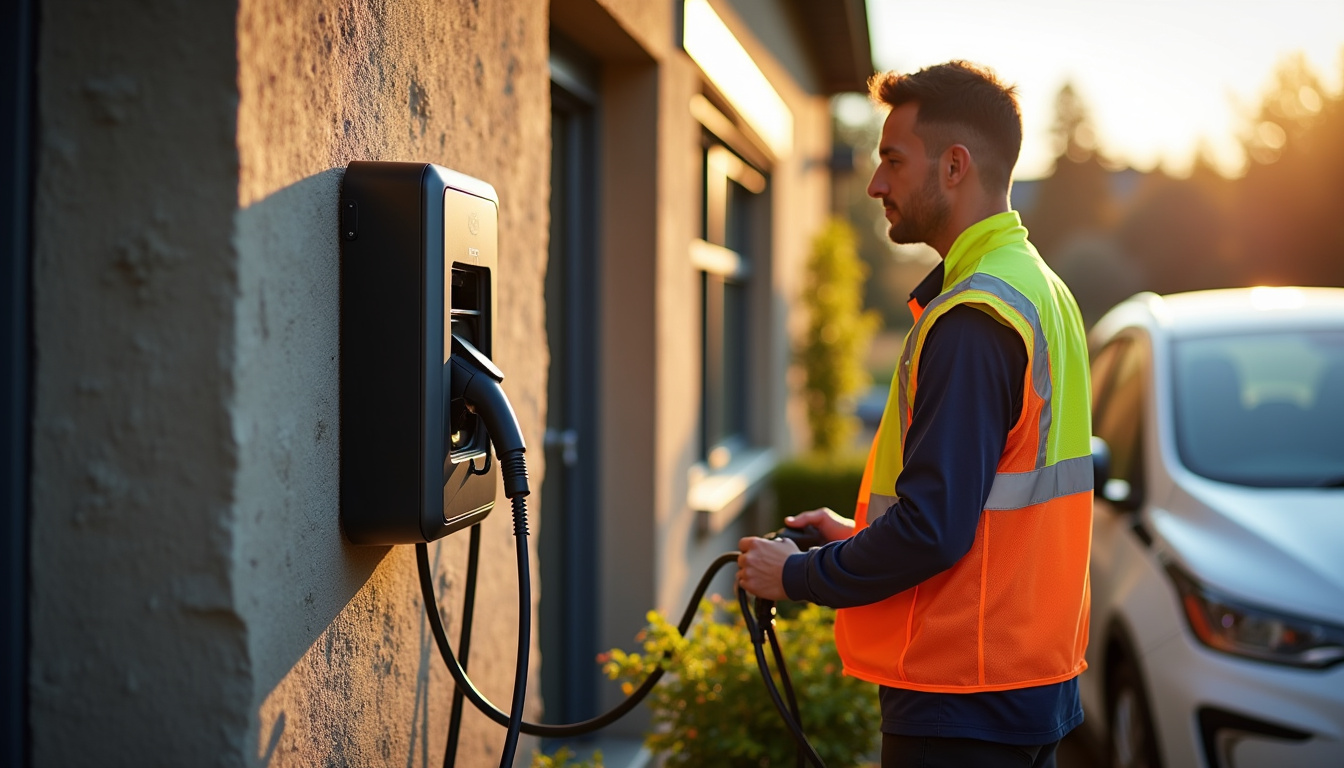 Électricien certifié IRVE en train de vérifier le fonctionnement d'une borne électrique nouvellement installée