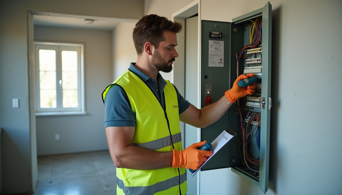Électricien certifié IRVE en train de vérifier le tableau électrique avant installation d'une borne de recharge