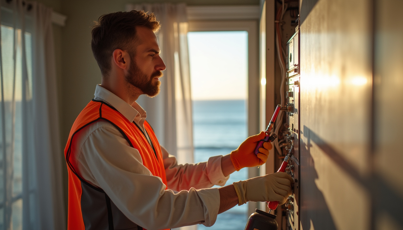Électricien certifié IRVE en train de vérifier le tableau électrique d'une maison à L’Aiguillon-sur-Vie avant installation de la borne