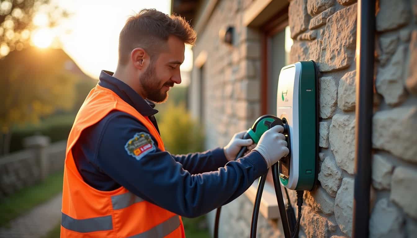 Électricien certifié IRVE en train de vérifier une installation de borne de recharge à Arcis-sur-Aube