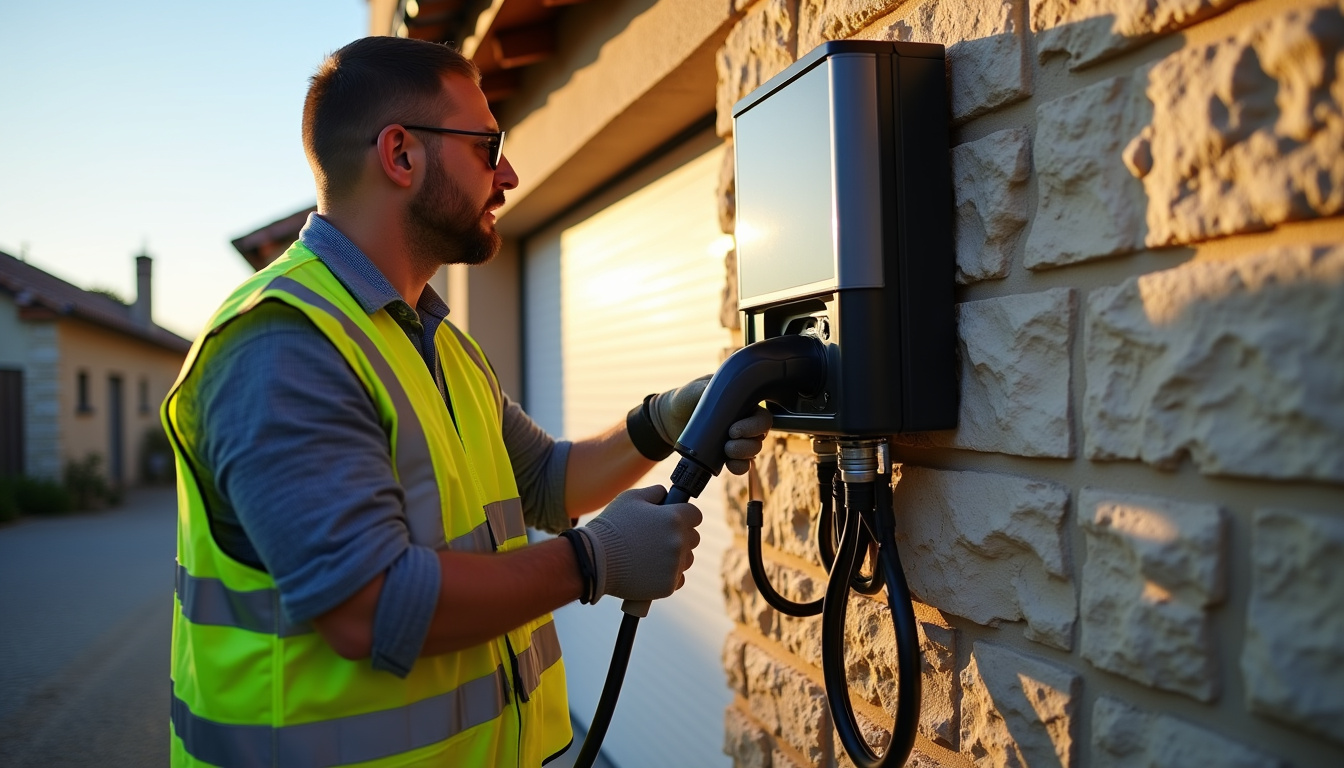 Électricien certifié IRVE en train d'installer une borne de recharge à Agen-d'Aveyron