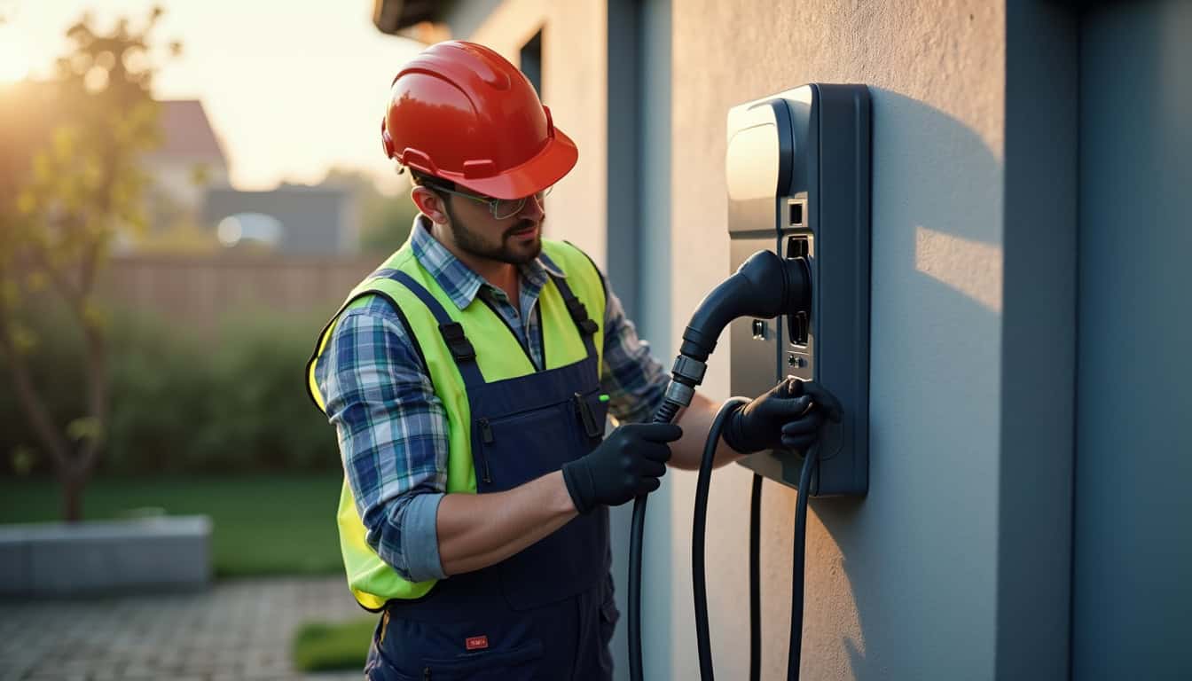 Électricien certifié IRVE en train d'installer une borne de recharge à Audincourt