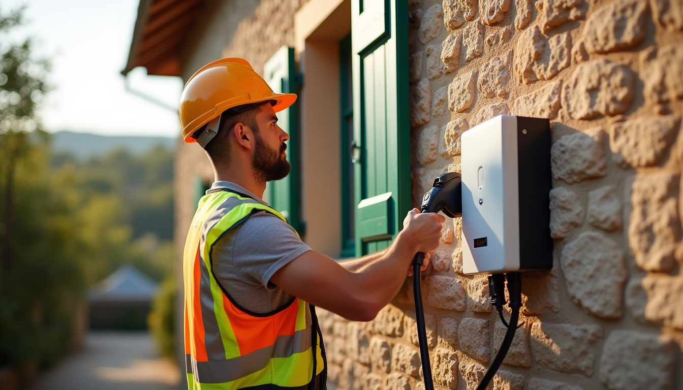 Électricien certifié IRVE en train d'installer une borne de recharge à Banon