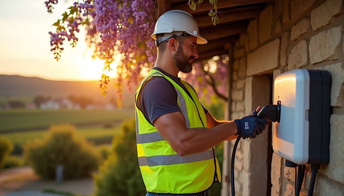 Électricien certifié IRVE en train d'installer une borne de recharge à Beaumont-en-Véron