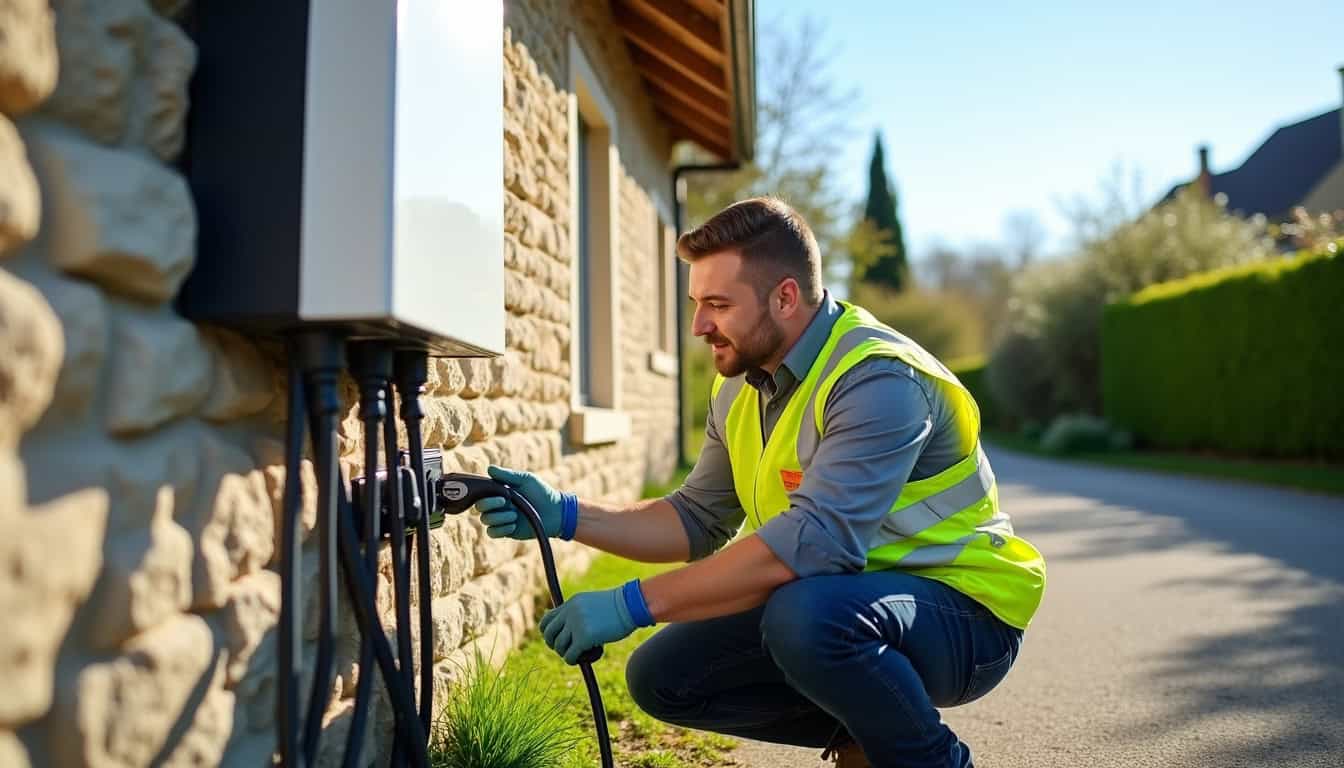 Électricien certifié IRVE en train d'installer une borne de recharge à Bésayes