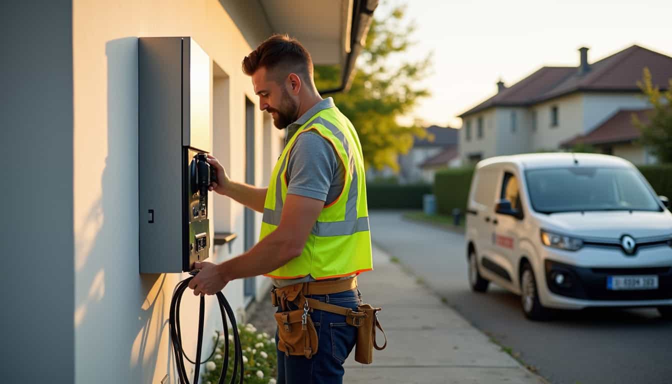 Électricien certifié IRVE en train d'installer une borne de recharge à Breuil-Magné