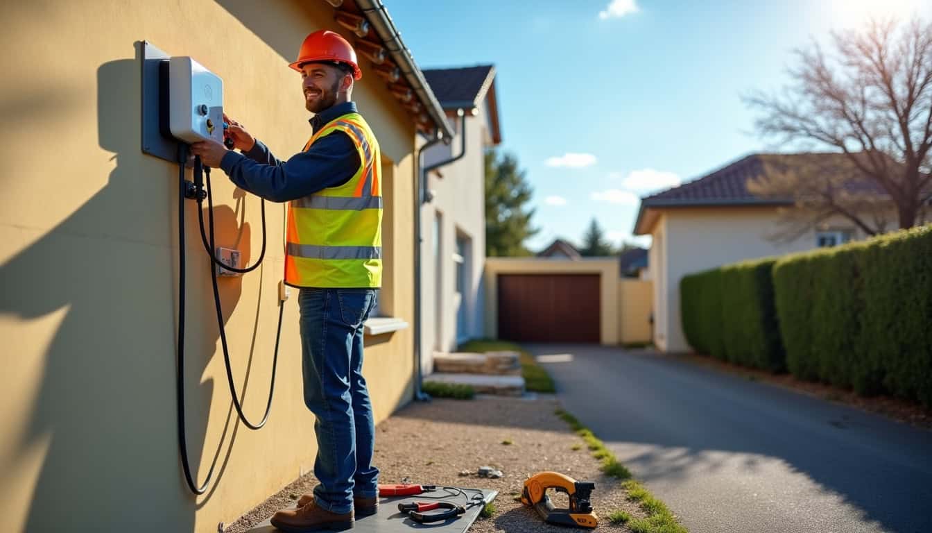 Électricien certifié IRVE en train d'installer une borne de recharge à Breuillet