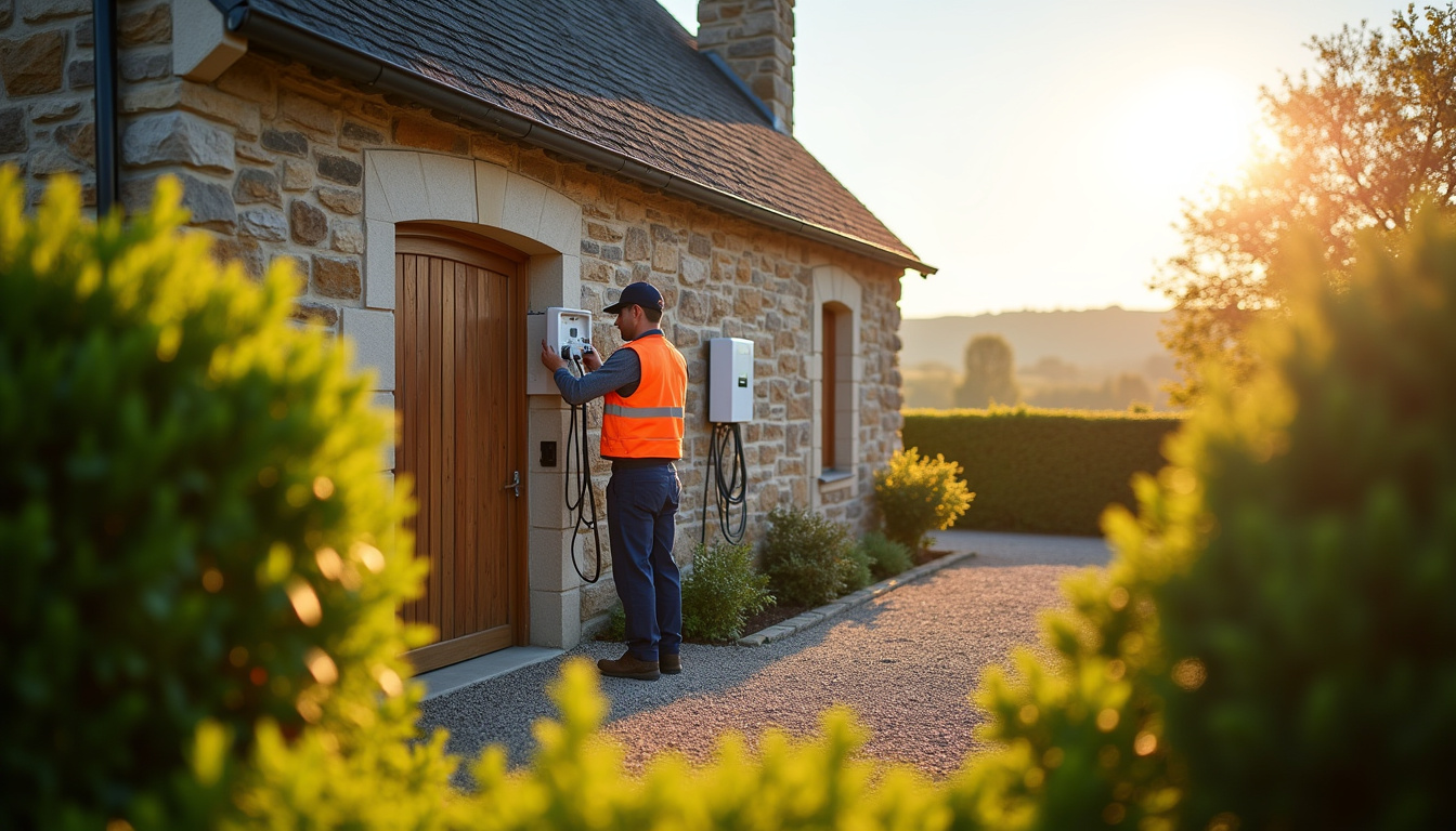 Électricien certifié IRVE en train d'installer une borne de recharge à Brusvily