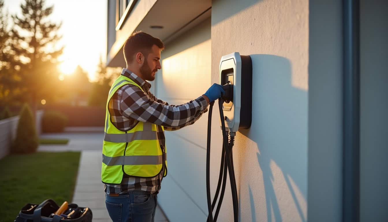 Électricien certifié IRVE en train d'installer une borne de recharge à Cartelègue