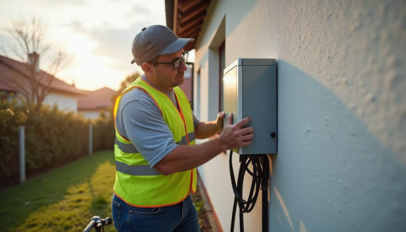 Électricien certifié IRVE en train d'installer une borne de recharge à Claix