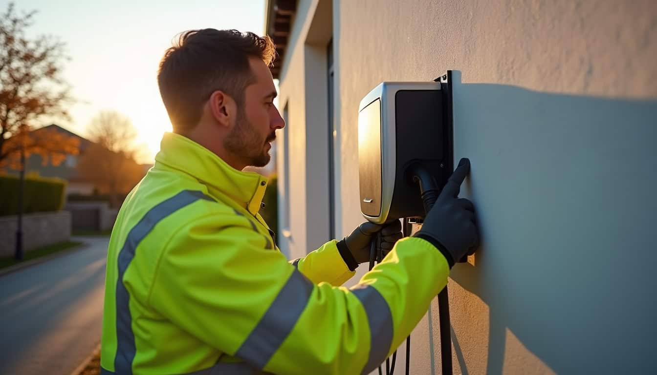 Électricien certifié IRVE en train d'installer une borne de recharge à Colleret