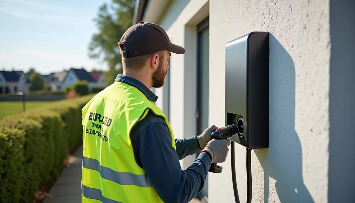 Électricien certifié IRVE en train d'installer une borne de recharge à Curis-au-Mont-d'Or