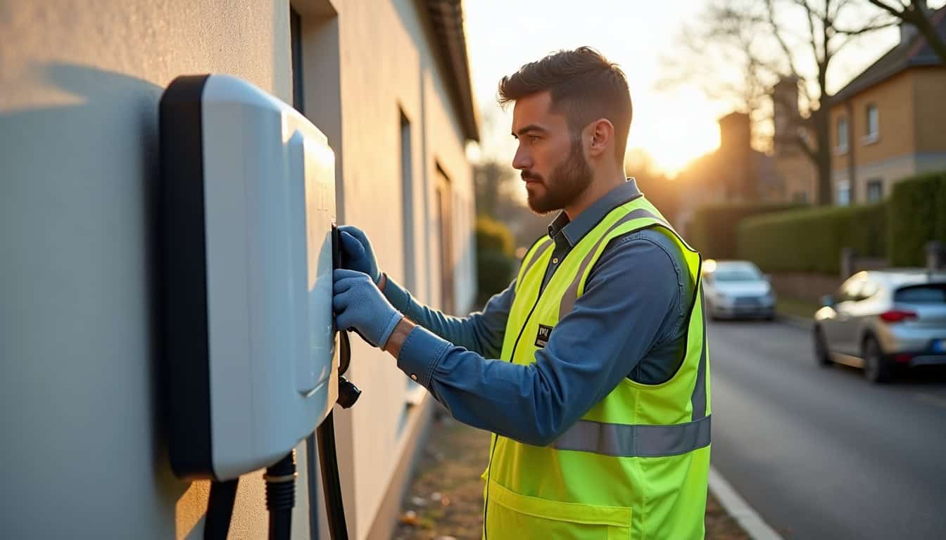 Électricien certifié IRVE en train d'installer une borne de recharge à Dammarie-les-lys