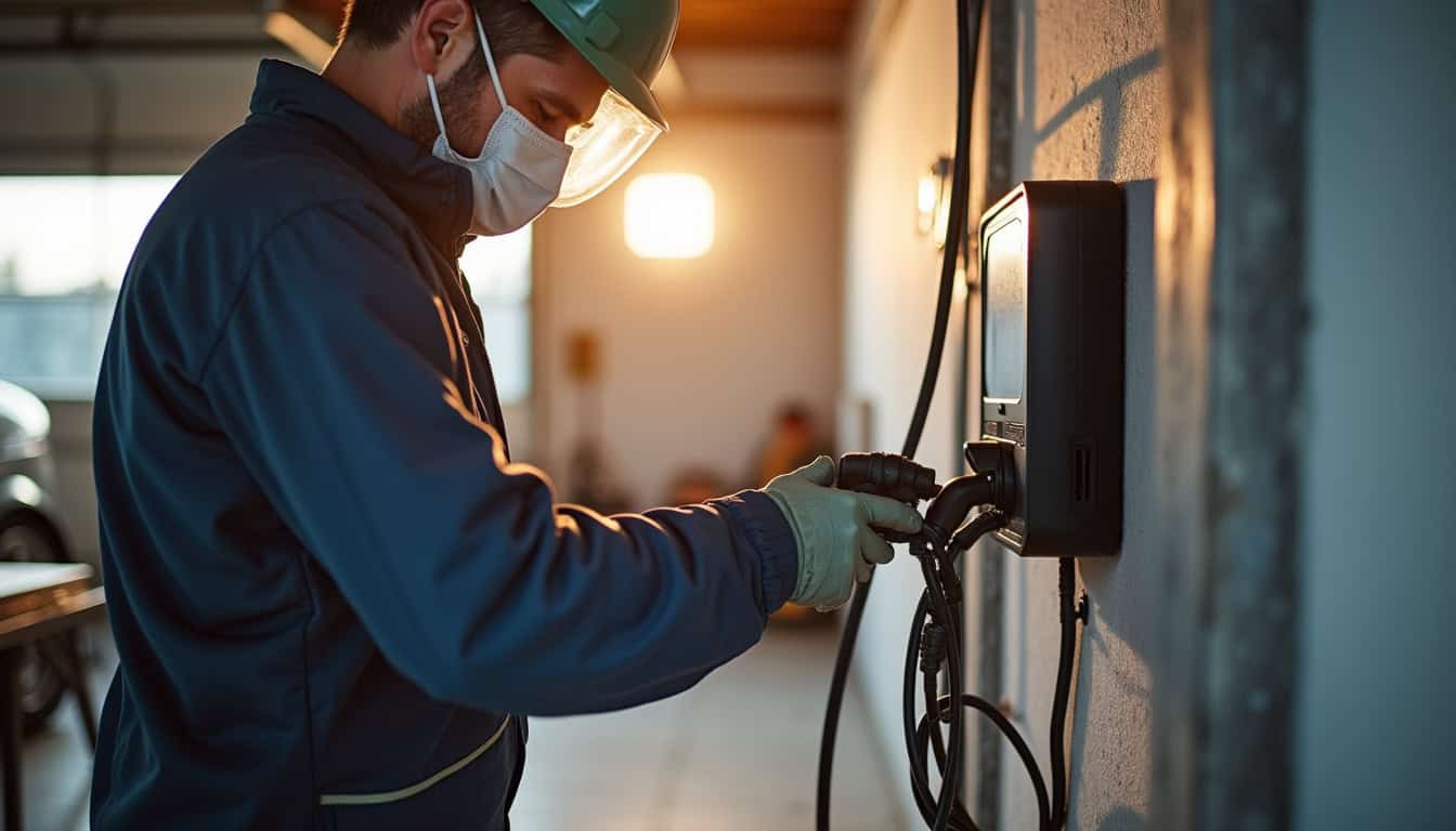 Électricien certifié IRVE en train d'installer une borne de recharge à Erdre-en-Anjou