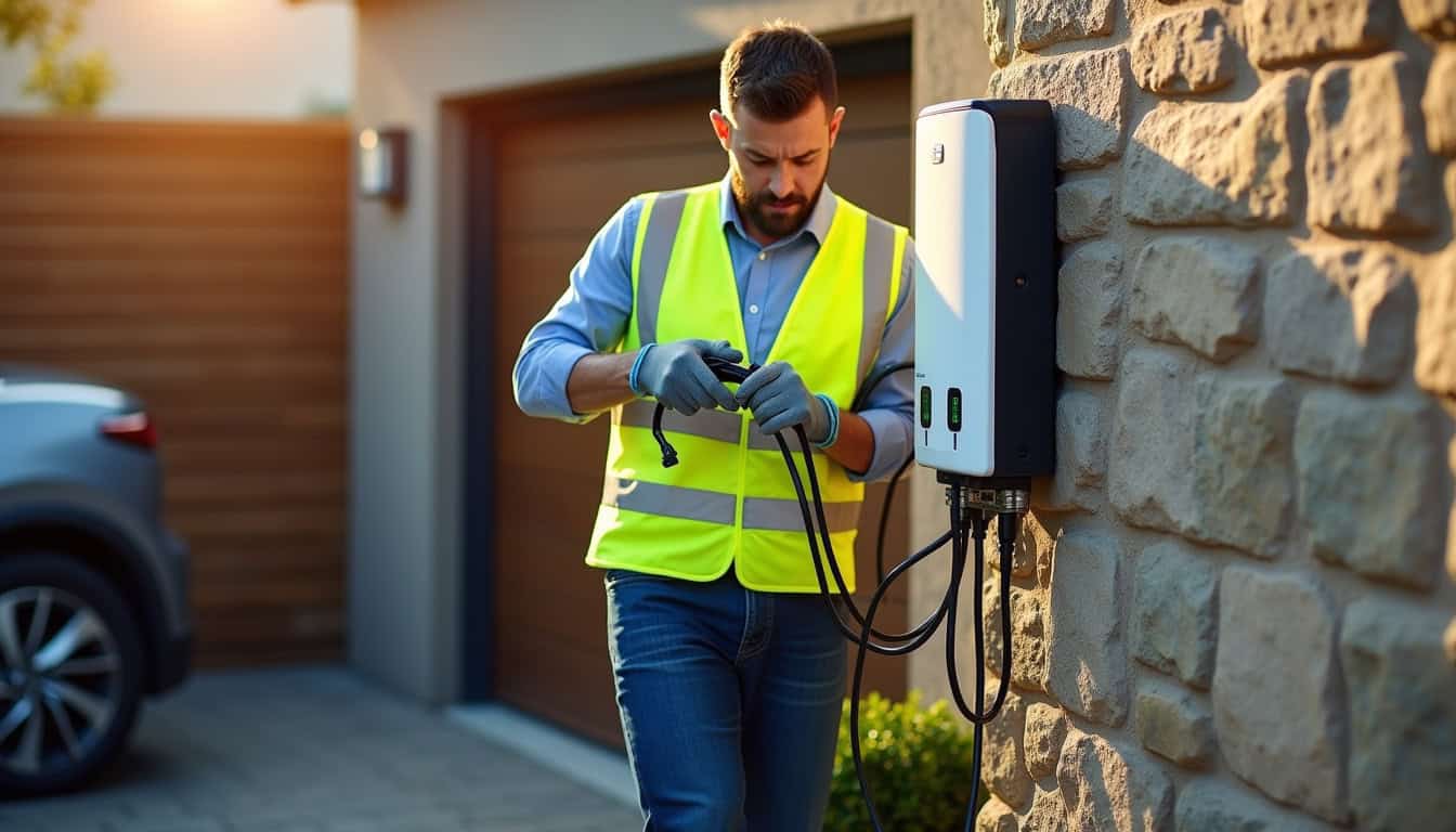 Électricien certifié IRVE en train d'installer une borne de recharge à Fermanville