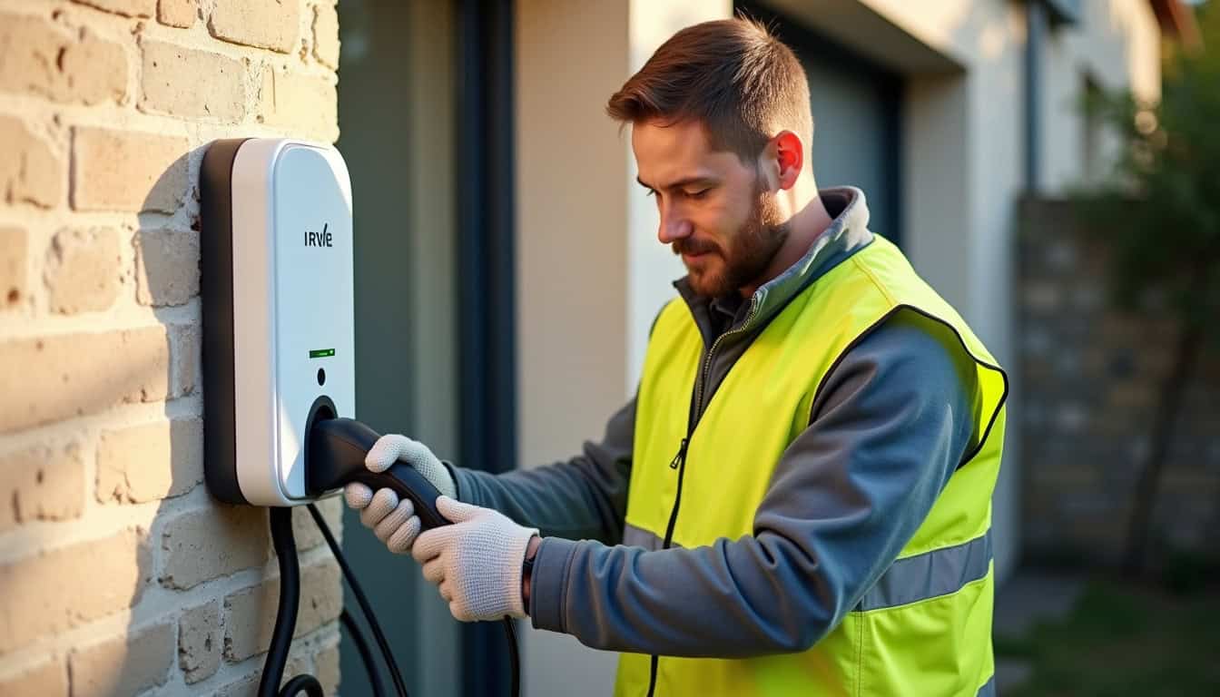 Électricien certifié IRVE en train d'installer une borne de recharge à Frelinghien