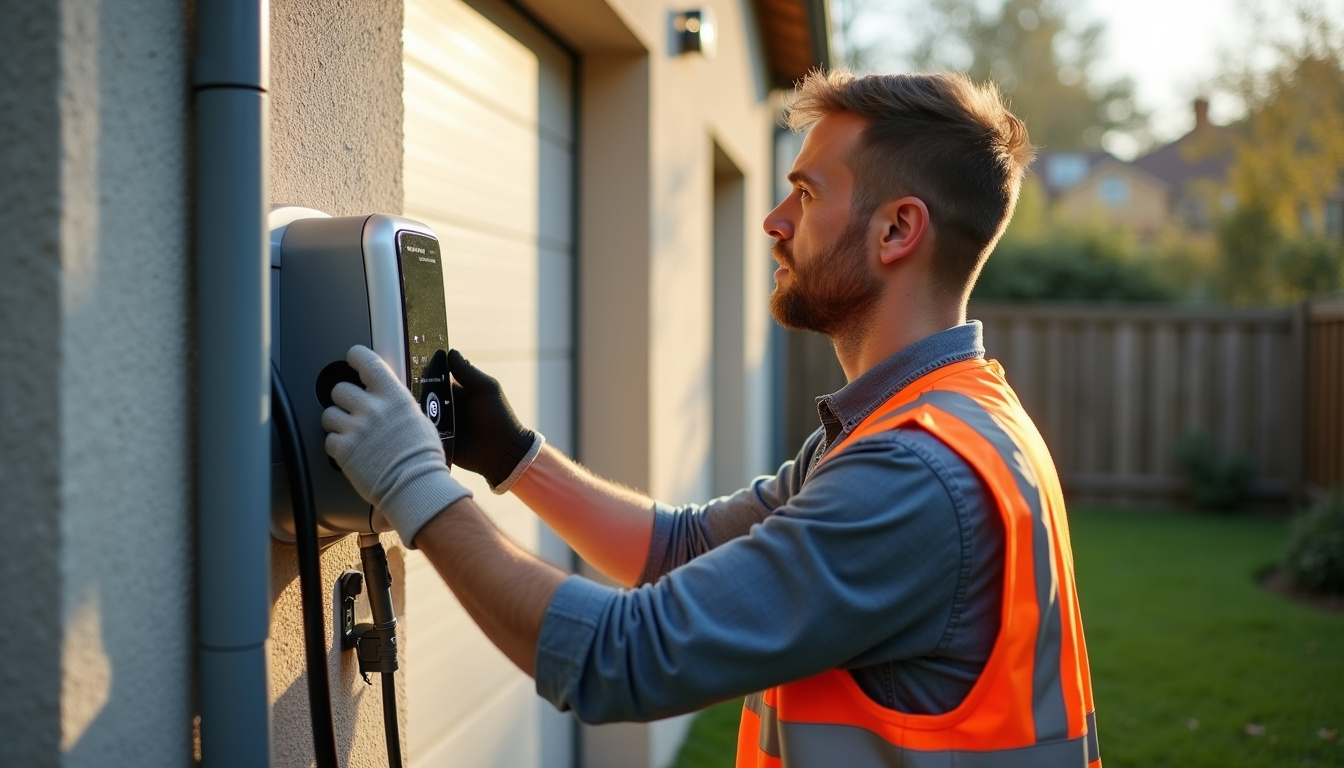 Électricien certifié IRVE en train d'installer une borne de recharge à Ham-sous-Varsberg