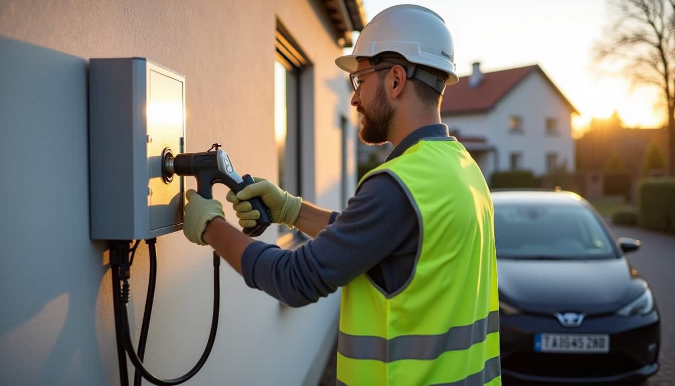Électricien certifié IRVE en train d'installer une borne de recharge à Hanches
