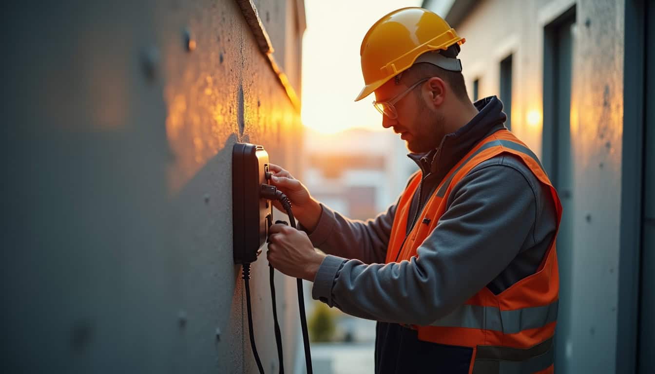 Électricien certifié IRVE en train d'installer une borne de recharge à Hoymille
