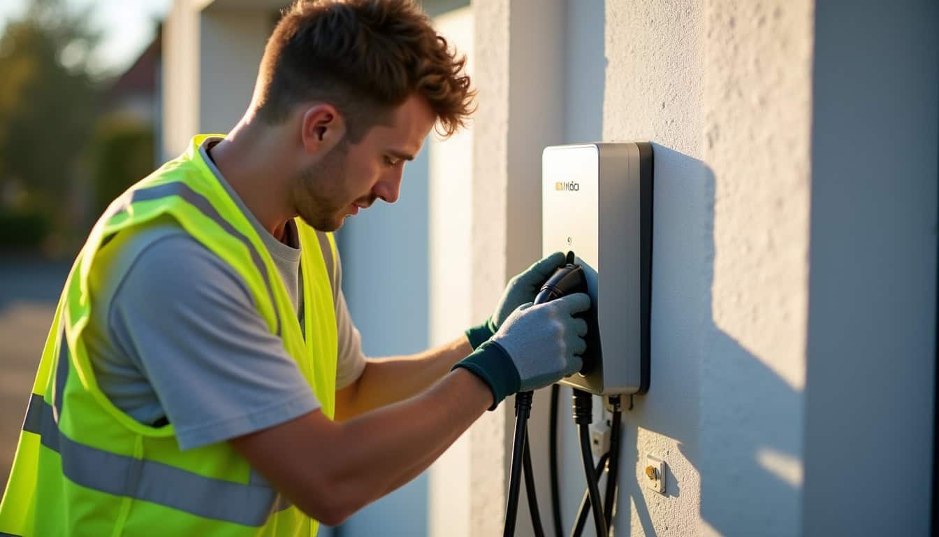 Électricien certifié IRVE en train d'installer une borne de recharge à Ittenheim