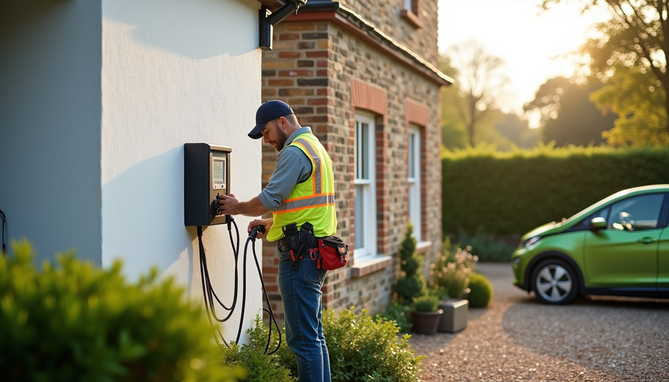 Électricien certifié IRVE en train d'installer une borne de recharge à La Chapelle-d'Aligné