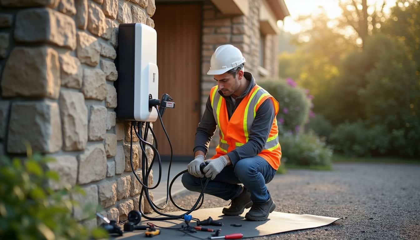 Électricien certifié IRVE en train d'installer une borne de recharge à Lagraulière