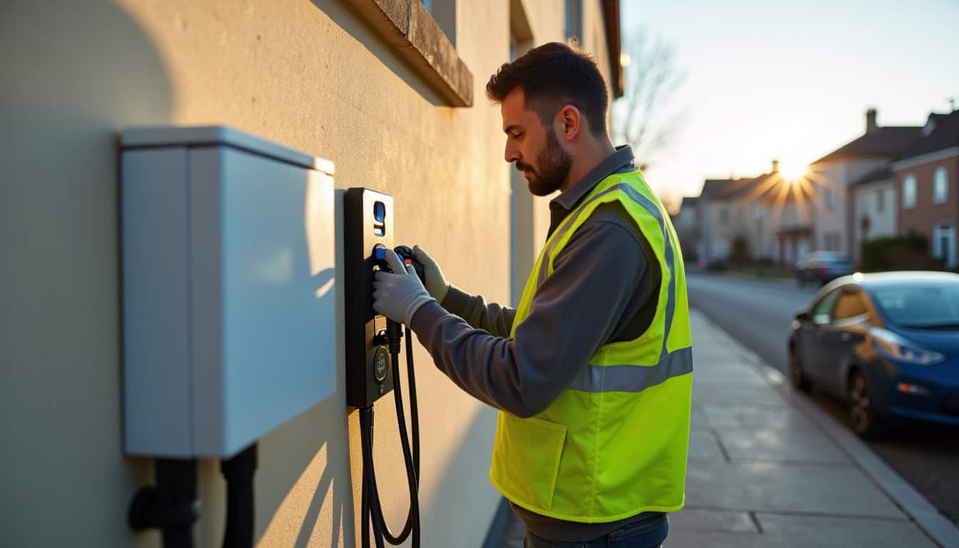 Électricien certifié IRVE en train d'installer une borne de recharge à Le Pont-de-Claix