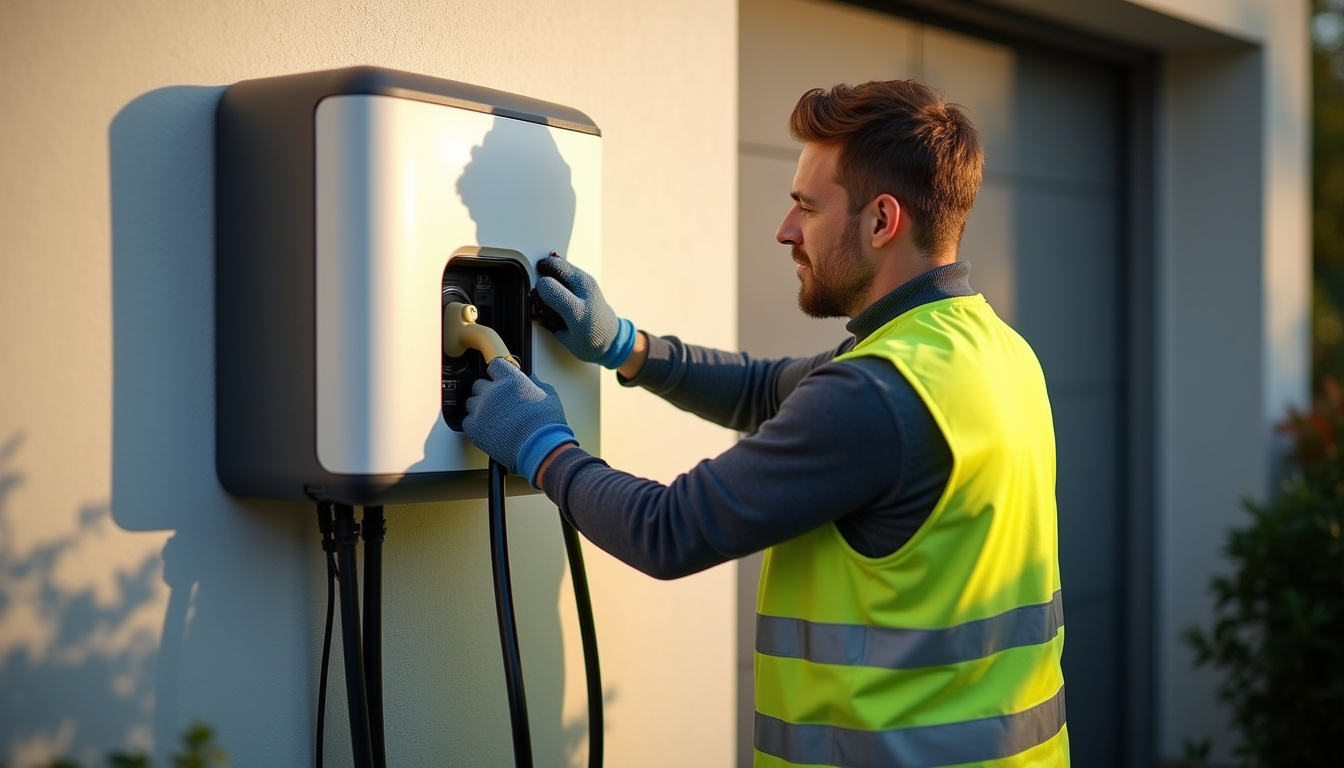Électricien certifié IRVE en train d'installer une borne de recharge à Mareuil-sur-Cher