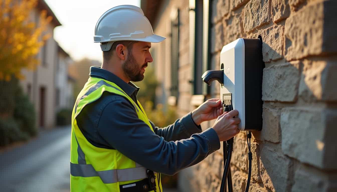 Électricien certifié IRVE en train d'installer une borne de recharge à Marsannay-la-Côte