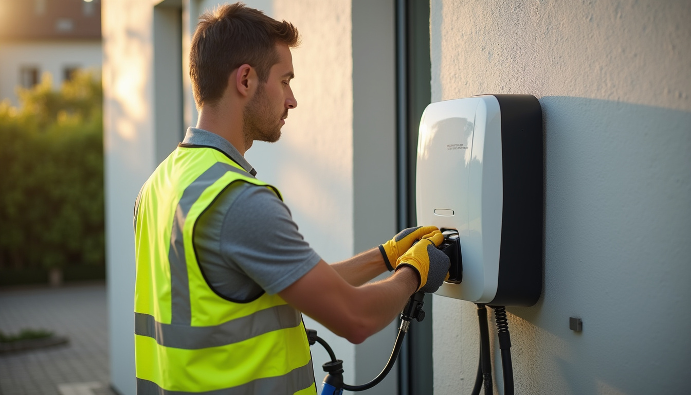 Électricien certifié IRVE en train d’installer une borne de recharge à Marsilly
