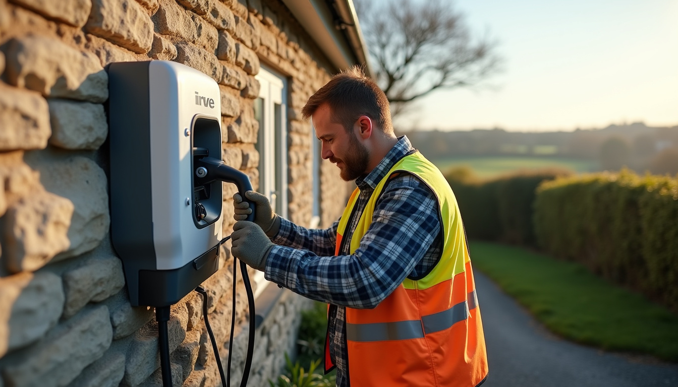Électricien certifié IRVE en train d'installer une borne de recharge à Molac