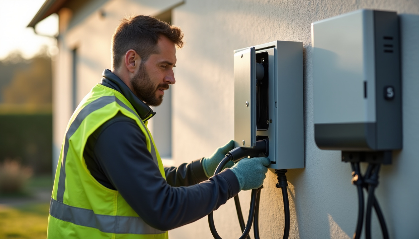 Électricien certifié IRVE en train d’installer une borne de recharge à Moulins-en-bessin