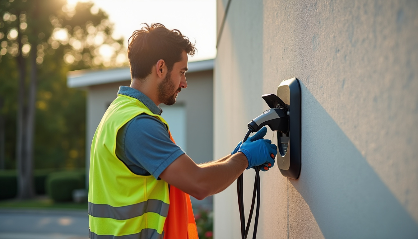 Électricien certifié IRVE en train d'installer une borne de recharge à Plœuc-L’Hermitage
