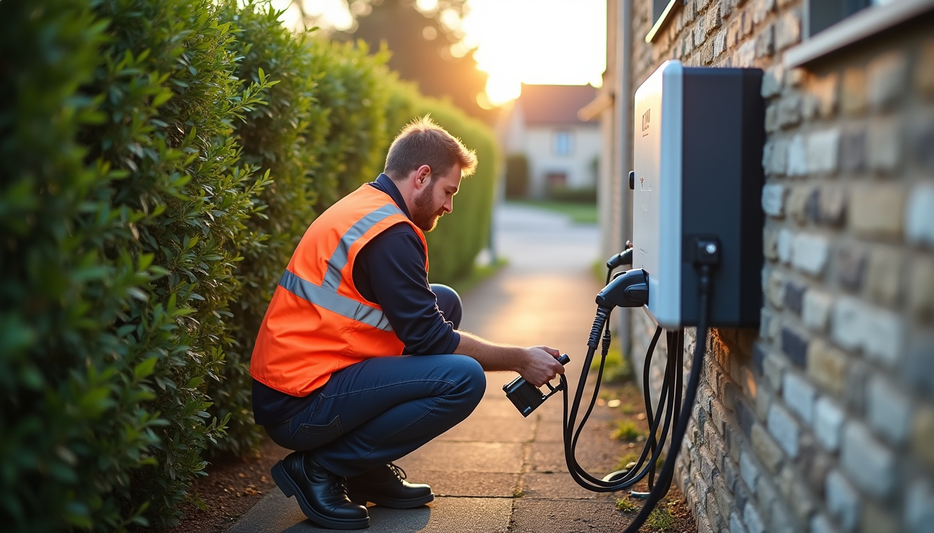 Électricien certifié IRVE en train d'installer une borne de recharge à Plouisy