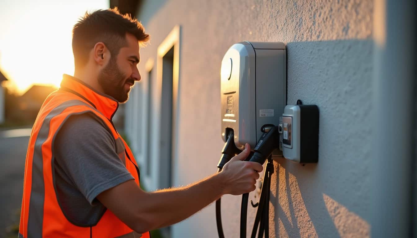 Électricien certifié IRVE en train d’installer une borne de recharge à Pulversheim