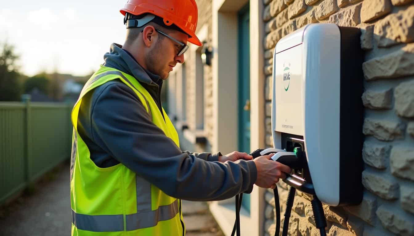 Électricien certifié IRVE en train d'installer une borne de recharge à Quimperlé
