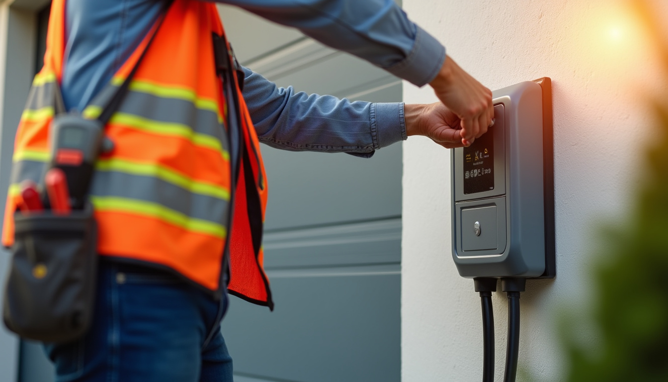 Électricien certifié IRVE en train d'installer une borne de recharge à Rumegies