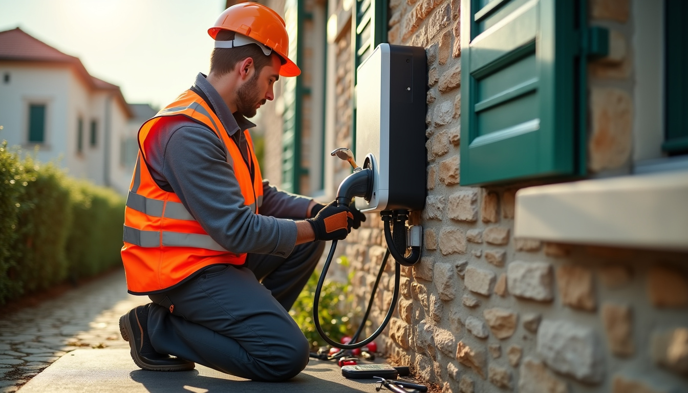 Électricien certifié IRVE en train d'installer une borne de recharge à Sablons