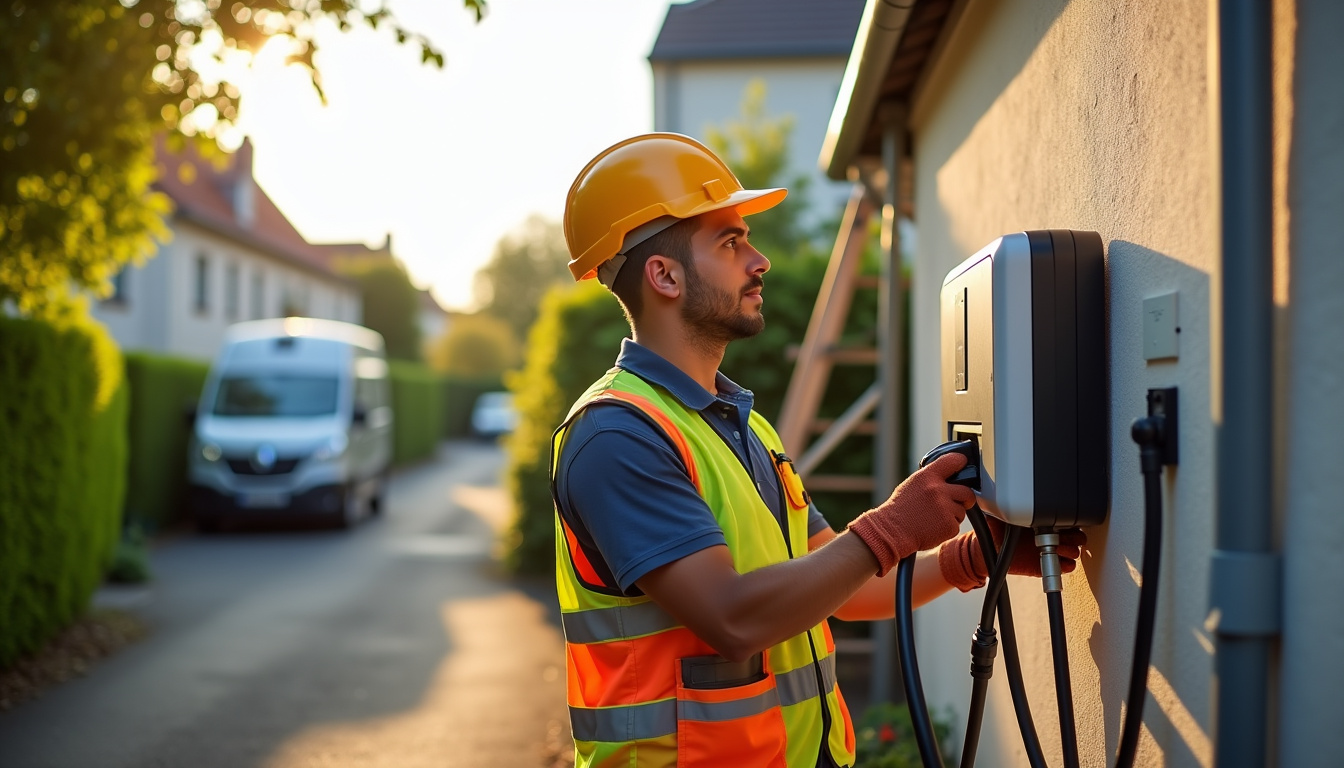 Électricien certifié IRVE en train d’installer une borne de recharge à Saint-Antoine-la-Forêt