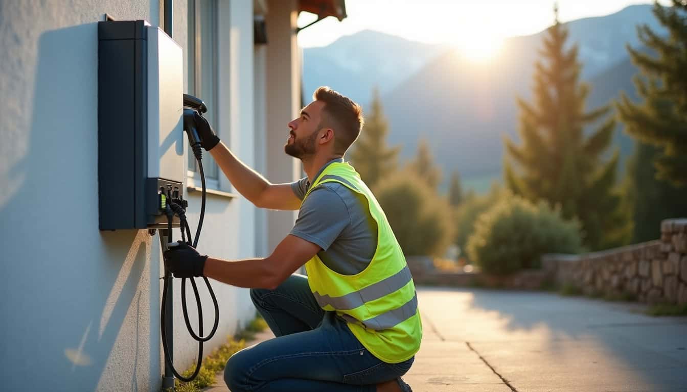 Électricien certifié IRVE en train d’installer une borne de recharge à Saint-Jeoire