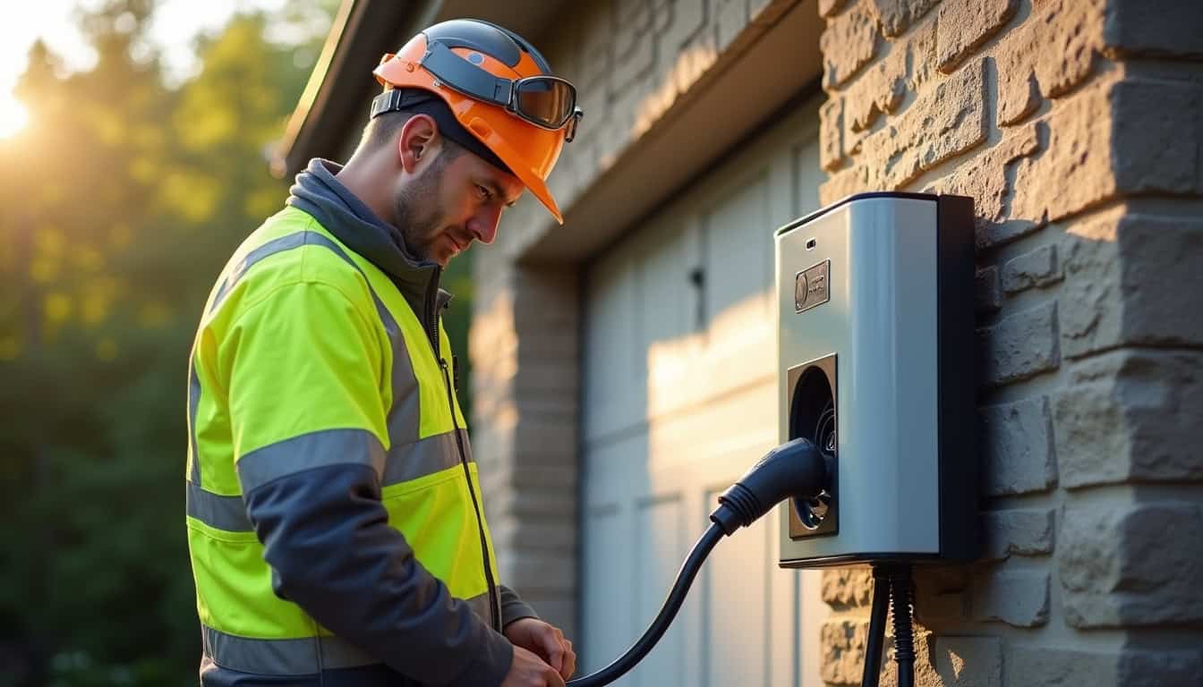 Électricien certifié IRVE en train d’installer une borne de recharge à Saint-Lattier