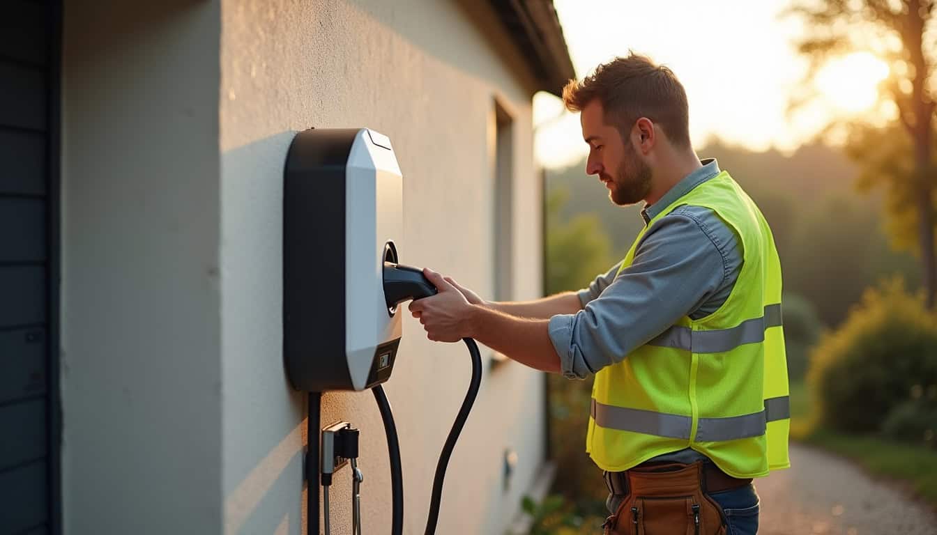 Électricien certifié IRVE en train d'installer une borne de recharge à Saint-Laurent-sur-Sèvre
