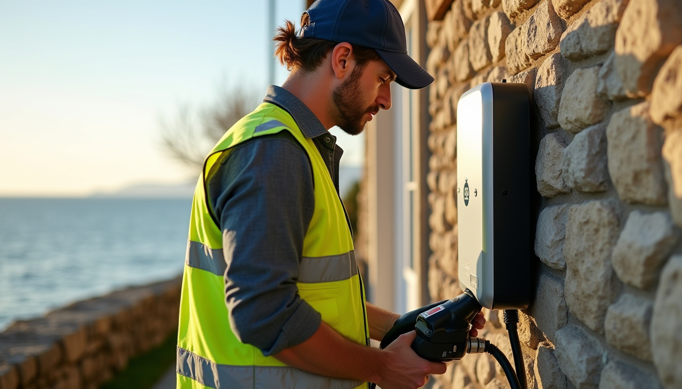 Électricien certifié IRVE en train d'installer une borne de recharge à Saint-Palais-sur-Mer