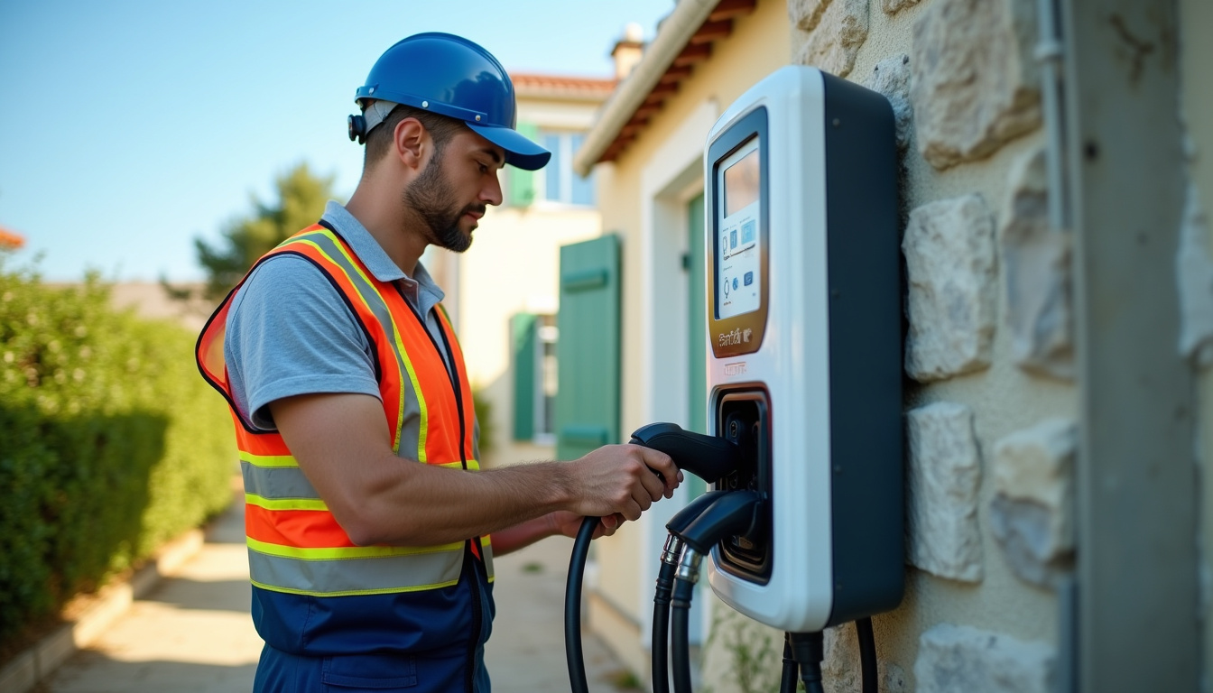 Électricien certifié IRVE en train d'installer une borne de recharge à Saint-Pierre-d'Oléron