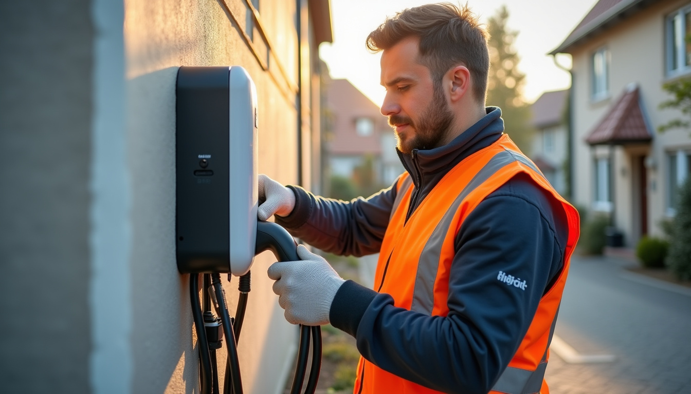 Électricien certifié IRVE en train d'installer une borne de recharge à Sainte-Sève