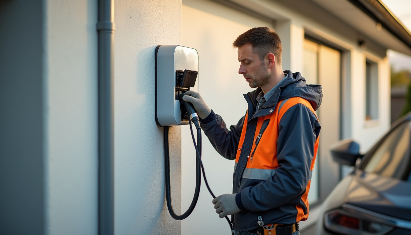 Électricien certifié IRVE en train d'installer une borne de recharge à Servins